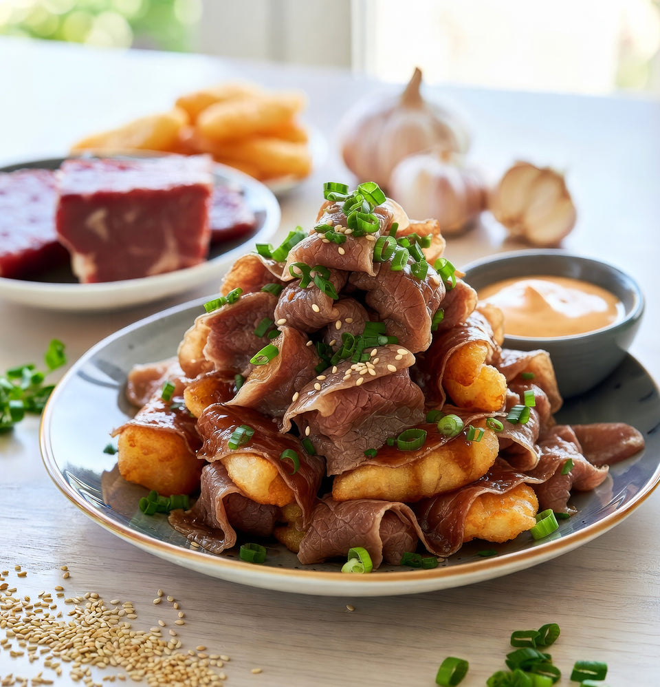 Crispy Beef Belly Rice Cake Bites