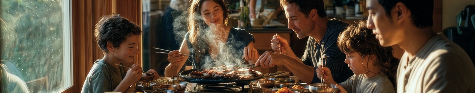 Family sharing Korean BBQ around a tabletop grill